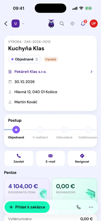 Aplikace Prorok: zakázka s postupem prací, příjmy a náklady